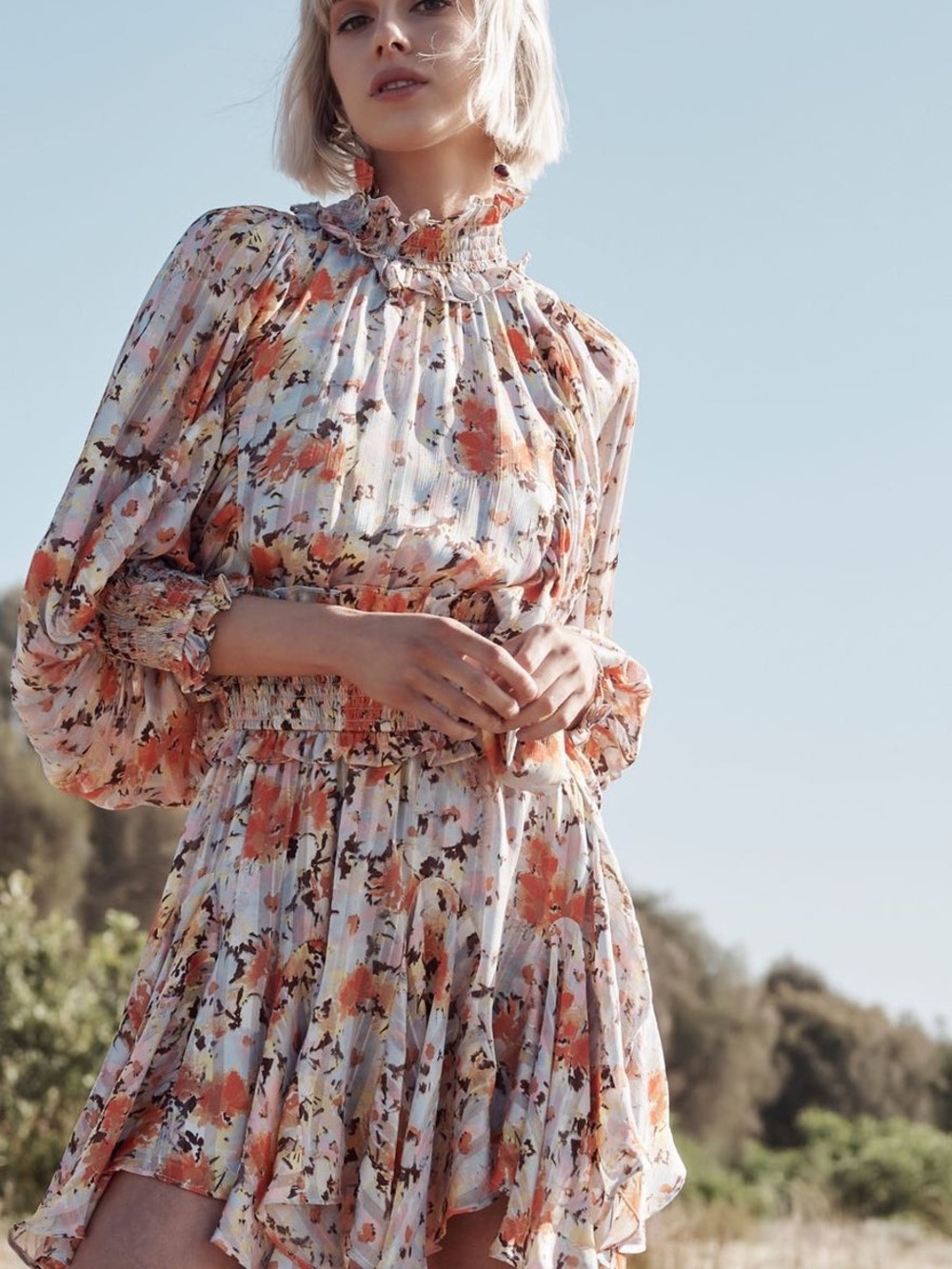 Elliatt Floral Smocked High-Neck Mini Dress in Cream and Coral